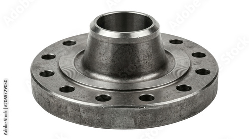 Heavy duty forged steel weld neck flange with bolt holes on white background for high pressure pipe connections in industrial, mechanical and process piping systems

