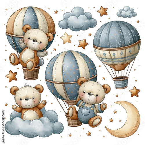 Hot air balloon nursery wall sticker collection, cute teddy bears flying in balloons with clouds, stars and moon, watercolor hand drawn illustration, isolated on white.
