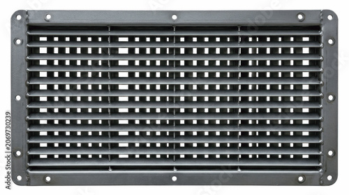 Fine louver multi row metal ventilation grille with closely spaced blades and bolt flange on white background for enhanced airflow management and equipment protection

