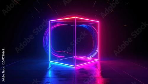Abstract Neon Cube with Glowing Ring Light Trails in Dark Futuristic Space