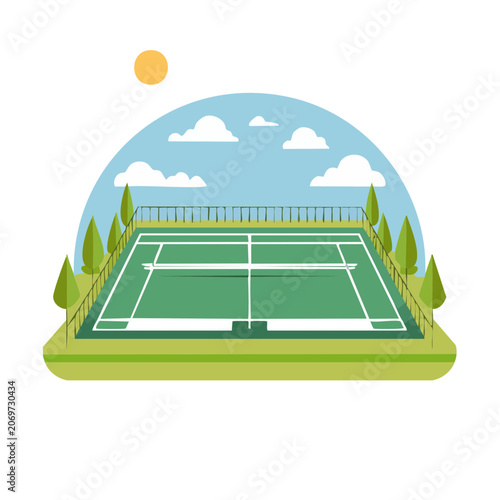 Flat illustration of a tennis court with trees and sky