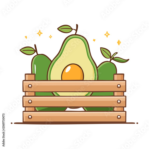 Flat illustration of avocado in wooden crate with leaves