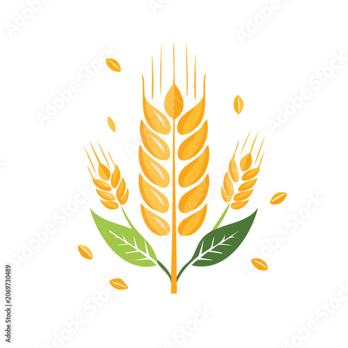 Flat illustration of wheat stalk with grains and leaves