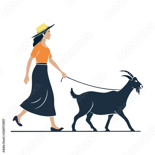 Woman walking a goat on a leash, flat vector illustration