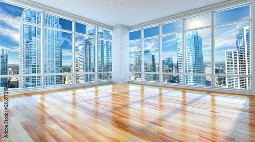 Modern vacant penthouse interior with large windows showcasing stunning city skyline and natural light