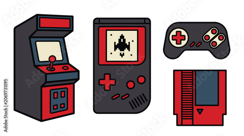 Retro gaming hardware collection. Collection of retro arcade machine handheld console and gamepad