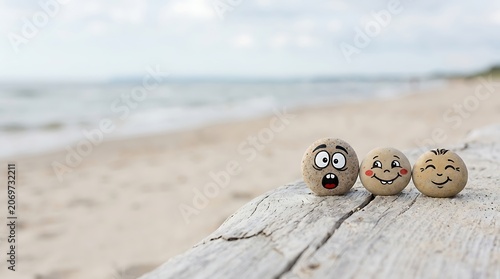 Painted emoji stones on beach driftwood with ocean background