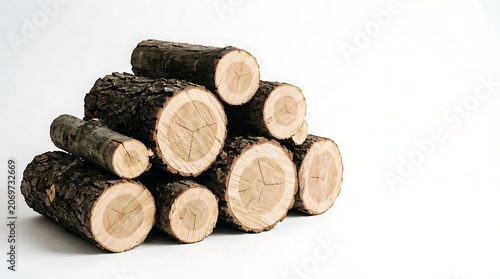 Stacked firewood logs showing natural growth rings on white