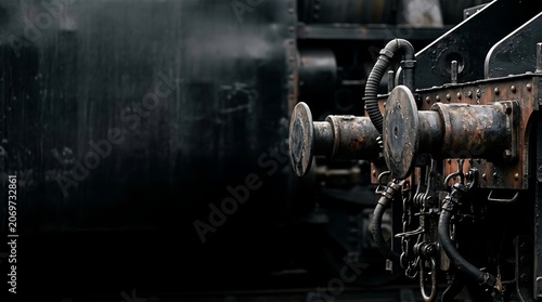 Vintage steam engine rusty buffers and mechanical coupling detail