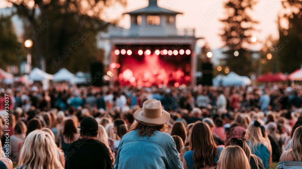 Obraz premium Outdoor Public Event with Attendees Enjoying Live Music at Sunset Gathering in Park Setting