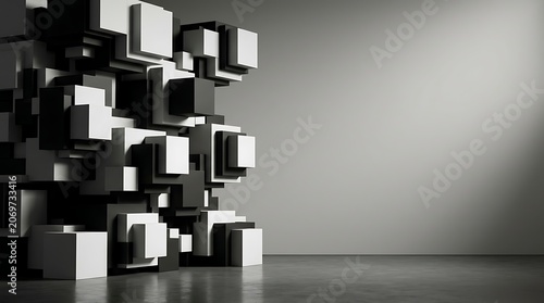 Modern monochrome geometric sculpture in a minimalist studio space