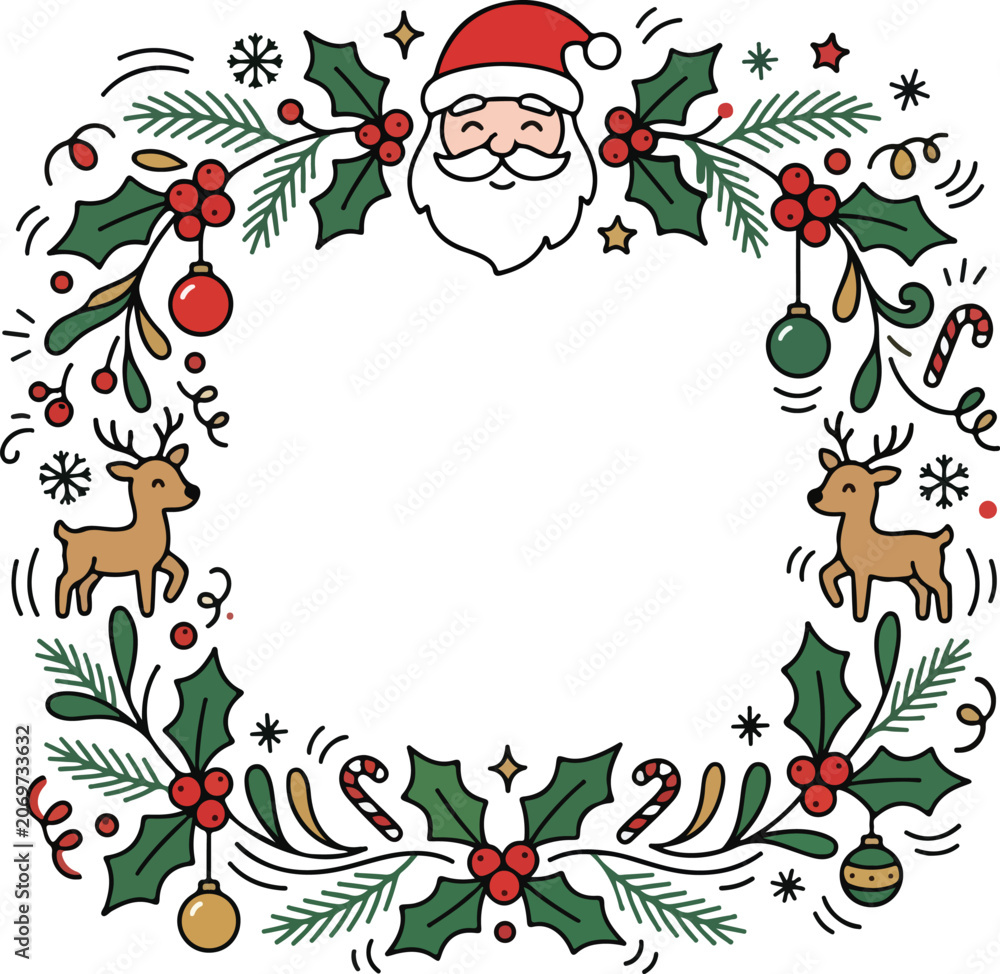 Fototapeta premium Festive Christmas Border with Santa Deer and Holly Decoration