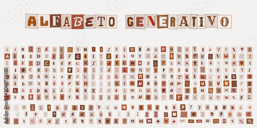 Tableau sur toile Alfabeto Generativo, set di caratteri tipografici in stile collage per design cr