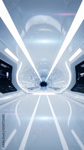 Wide perspective futuristic hallway with blue side panels.
