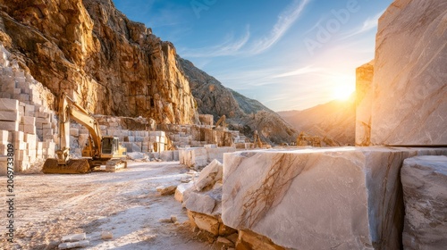 Stunning Quarry Landscape at Sunrise with Freshly Cut Marble Stone Blocks in a Natural Setting