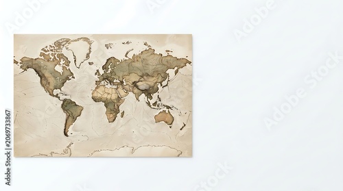 Vintage style world map poster on a white wall background