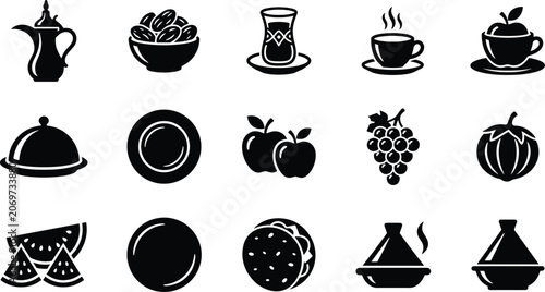 Konstfotografi Set of black and white icons featuring various food and drink items