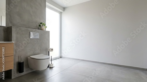 Modern minimalist bathroom with wall hung toilet and concrete finish
