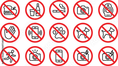 Foto Collection of prohibition signs and forbidden activity icons.