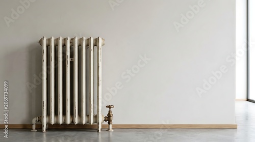 Vintage white cast iron radiator against a minimal wall