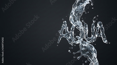Aqua word formed by clear splashing water on dark background