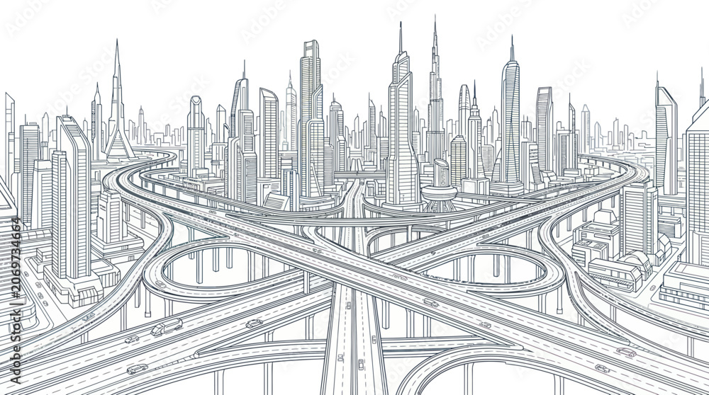 Fototapeta premium Futuristic city skyline with complex highway interchange skyscrapers