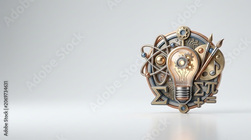 Ornate metallic emblem merging art science and technology symbols
