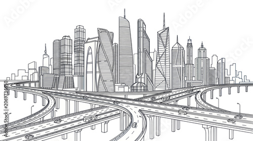 Obraz na plátně City skyline with complex highway overpasses and skyscrapers