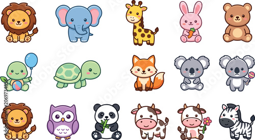 Photography Set of cute cartoon animal illustrations for children.