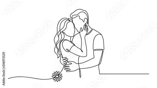 Foto Continuous line art drawing of a romantic couple embracing with a flower