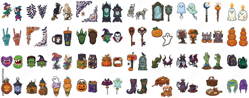 Obraz premium Collection of Spooky Halloween Theme Pixel Art Icons and Festive Seasonal Illustrations