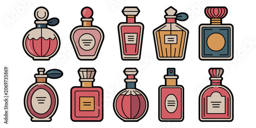 Cartoon perfume bottles in various shapes and colors fragrance cosmetics in white background