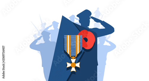 Military Remembrance Day Poppy and Medal with Saluting Soldiers.