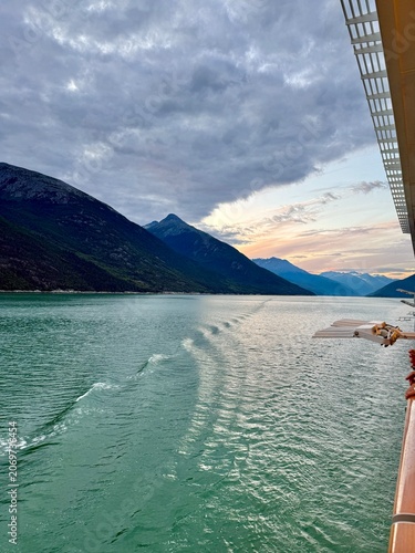 Alaska mountains and water dusk views from a cruise ship