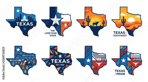 Foto Texas state map icons with desert sunsets cityscapes and patterns