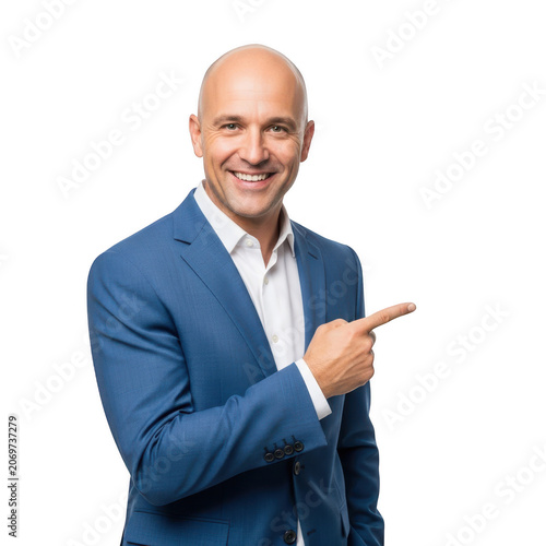 Smiling bald businessman in blue blazer pointing finger to the side