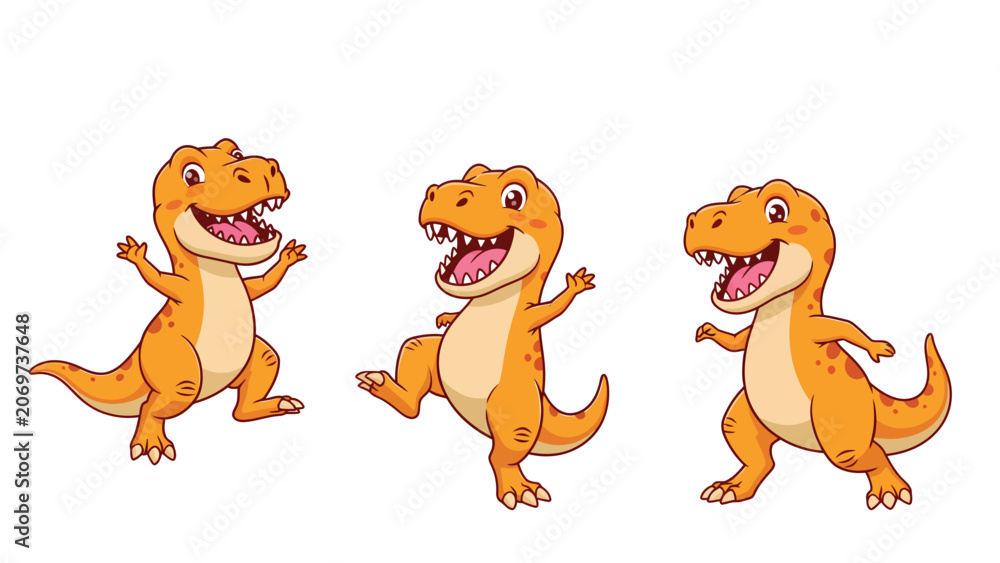 Fototapeta premium Three happy cartoon dinosaurs dancing and playing together, isolated on a white background.