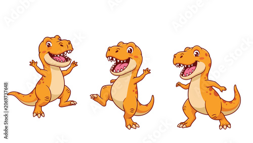 Three happy cartoon dinosaurs dancing and playing together, isolated on a white background.