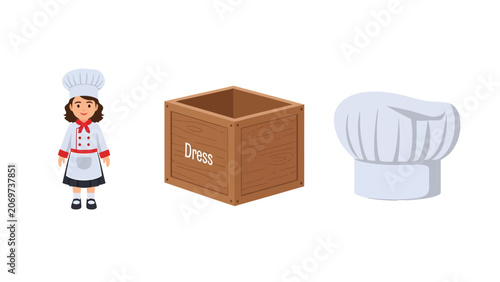 Cartoon illustration of a chef, a wooden crate labeled 'Onions', and a chef's hat.