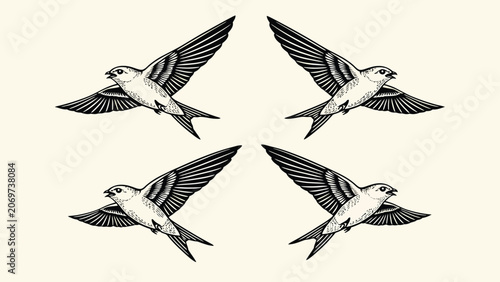 Four stylized swallows in flight, arranged in a symmetrical pattern against a cream background.