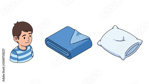 Young boy looking at a folded blue blanket and a white pillow, representing comfort and sleep.