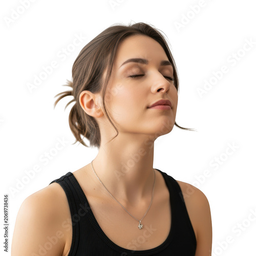 Young woman with closed eyes breathing deeply and relaxing peacefully