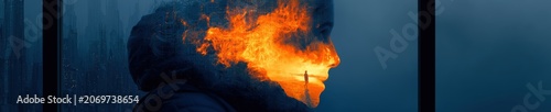 Double exposure silhouette of a man looking at a futuristic twilight city blended with a sunny beach landscape where a woman walks alone.