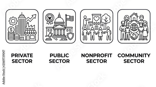 Economic and social sector icons for private public and nonprofit