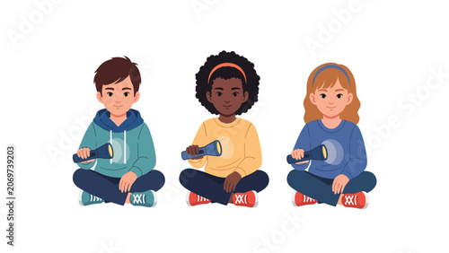 Three diverse children sitting cross-legged holding flashlights, exploring with curiosity.