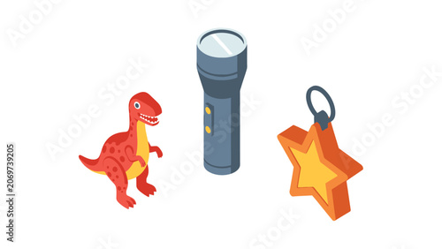 A collection of isometric objects including a dinosaur toy, a flashlight, and a star-shaped ornament on a white background.