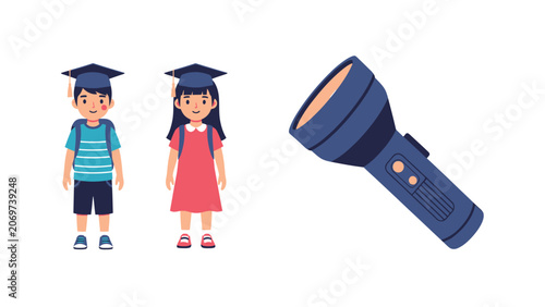 Two young students wearing graduation caps and backpacks stand next to a blue flashlight, symbolizing education and discovery.