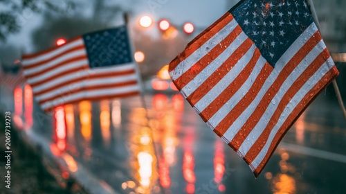 United States Flags Fluttering in Rain with Colorful Reflections on Wet Street in Moody Atmosphere