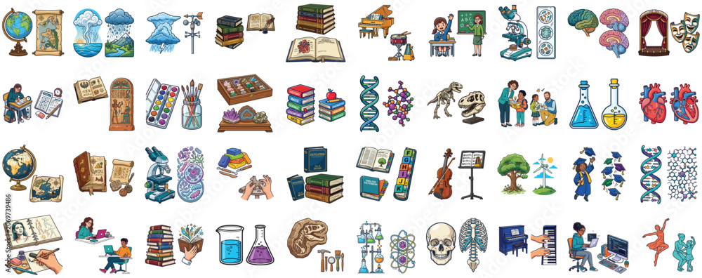 Obraz premium Comprehensive Collection of Educational Icons for Science and Arts Curriculum Study