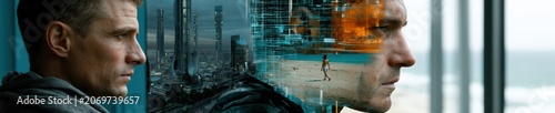 Double exposure silhouette of a man looking at a futuristic twilight city blended with a sunny beach landscape where a woman walks alone.